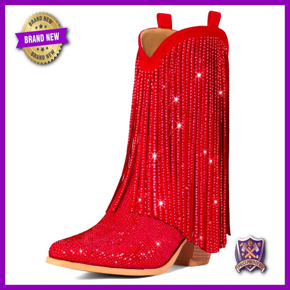Rhinestone Cowboy Boots Sparkly Western Fringe Pointed Toe Chunky Heel